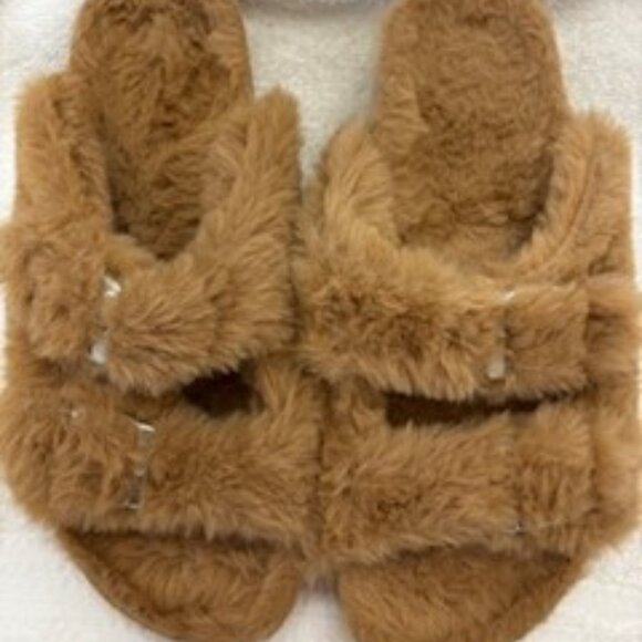 Kidmi light brown 'furry' 2-buckle slides with cork footbed NWOT Size EU 39 - Picture 1 of 8